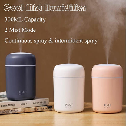 Portable Mini Humidifier - 300ml Cool Mist, LED Night Light, USB Desktop Humidifier, Grey