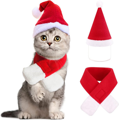 2PCS Cat Christmas Costume - Santa Hat & Scarf for Pets Party Outfit