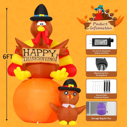 6FT Thanksgiving Inflatable Turkey - LED Blow-Up Yard & Lawn Decoration