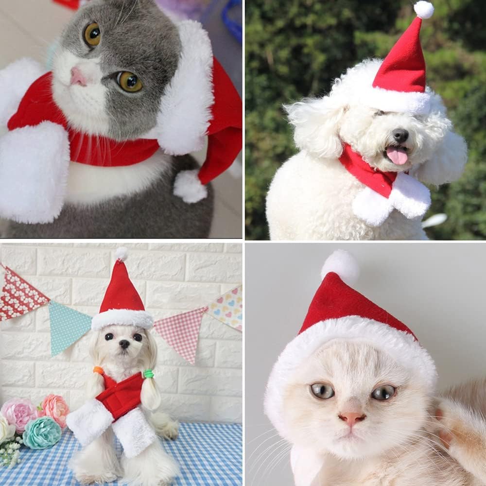 2PCS Cat Christmas Costume - Santa Hat & Scarf for Pets Party Outfit