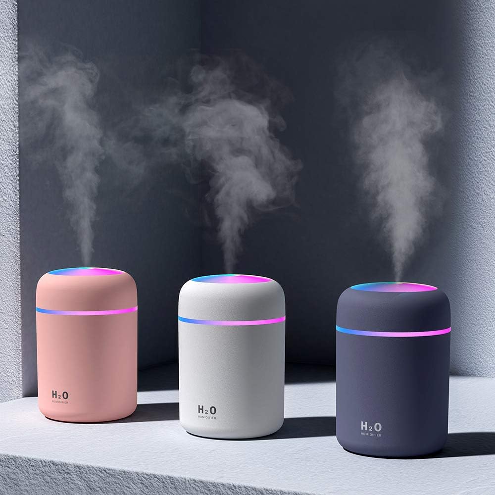 Portable Mini Humidifier - 300ml Cool Mist, LED Night Light, USB Desktop Humidifier, Grey