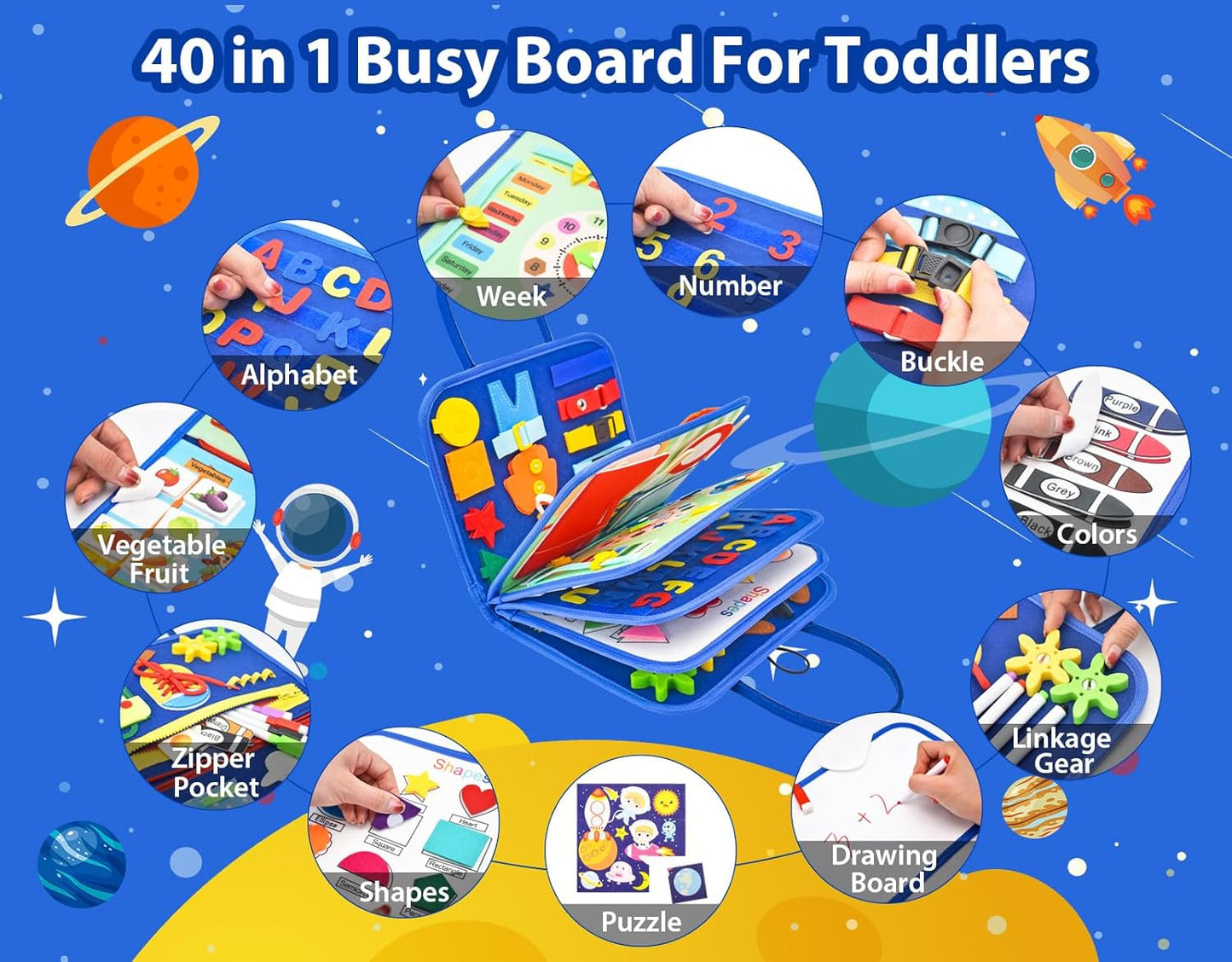 14-Page Busy Board for Toddlers 1-4 - Montessori Travel & Sensory Toy