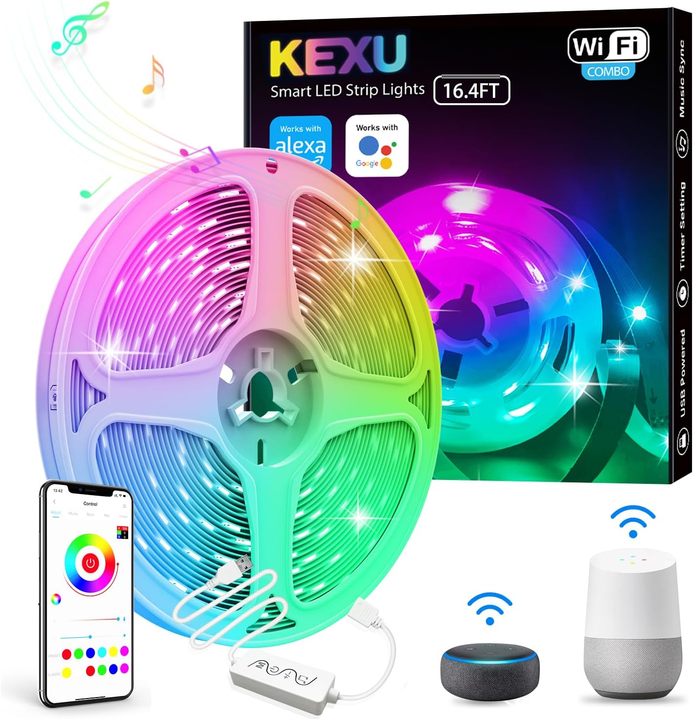 16.4ft Smart LED Strip Lights - WiFi RGB Lights with App & Music Sync