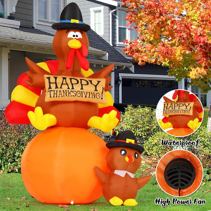 6FT Thanksgiving Inflatable Turkey - LED Blow-Up Yard & Lawn Decoration