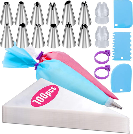 100Pcs Pastry Bags Set - Disposable Icing Bags with Decorating Supplies