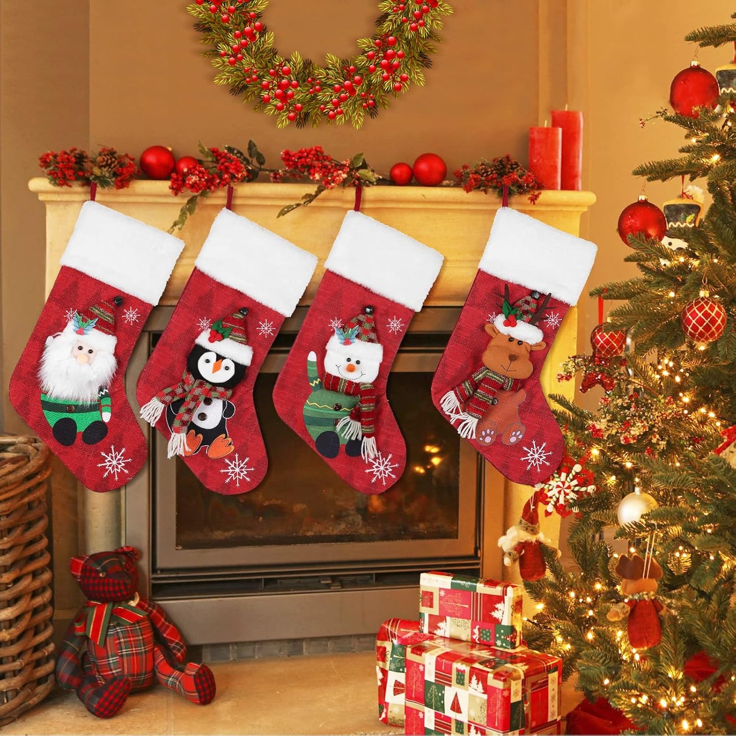 4 Pack Christmas Stockings 19" - Santa, Reindeer, Snowman, Penguin