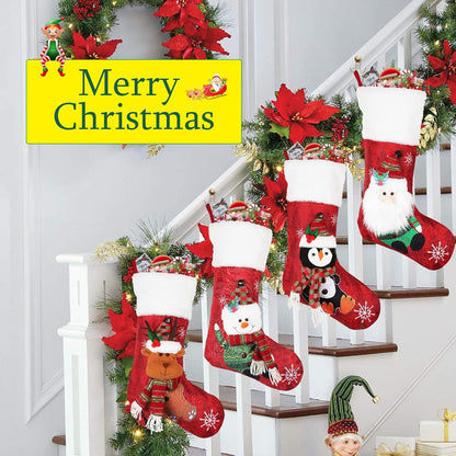 4 Pack Christmas Stockings 19" - Santa, Reindeer, Snowman, Penguin