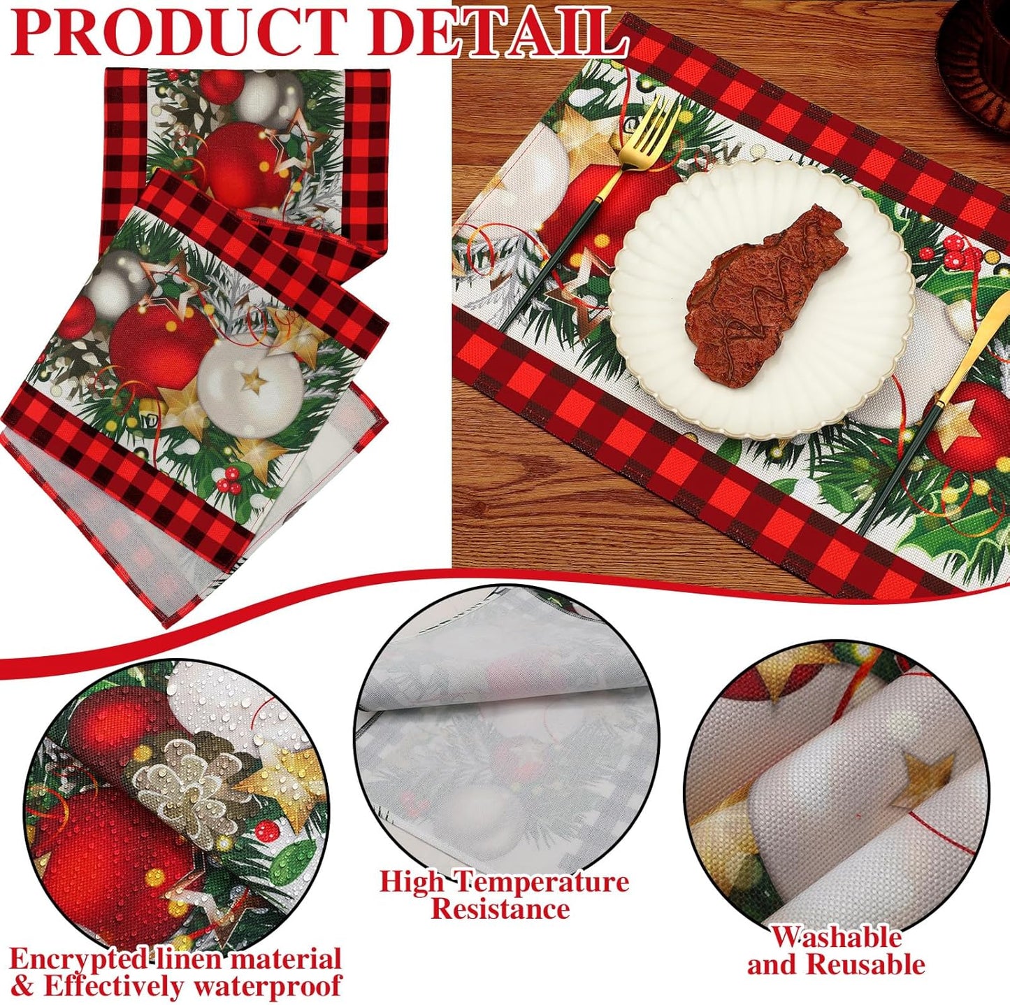 7 Pcs Christmas Table Runner & Placemats Set - Holiday Table Decor