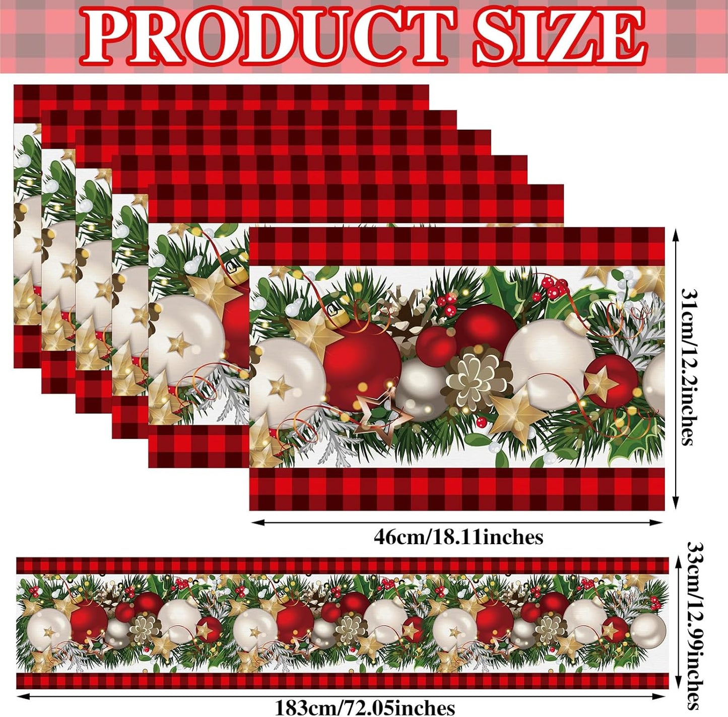 7 Pcs Christmas Table Runner & Placemats Set - Holiday Table Decor