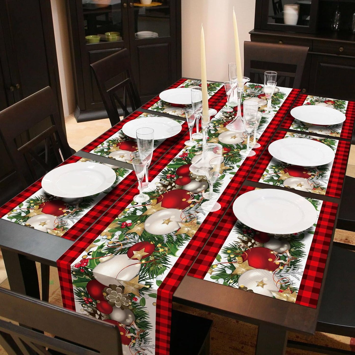 7 Pcs Christmas Table Runner & Placemats Set - Holiday Table Decor