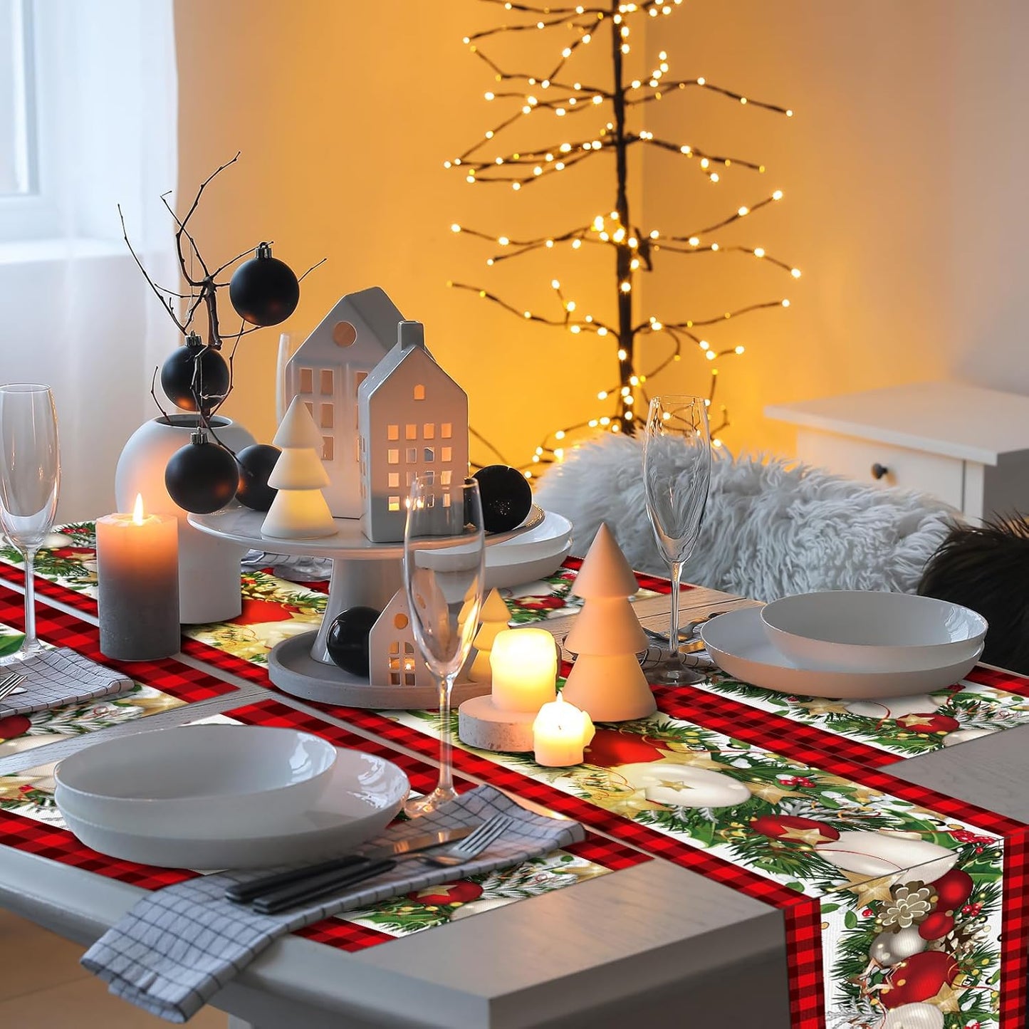 7 Pcs Christmas Table Runner & Placemats Set - Holiday Table Decor