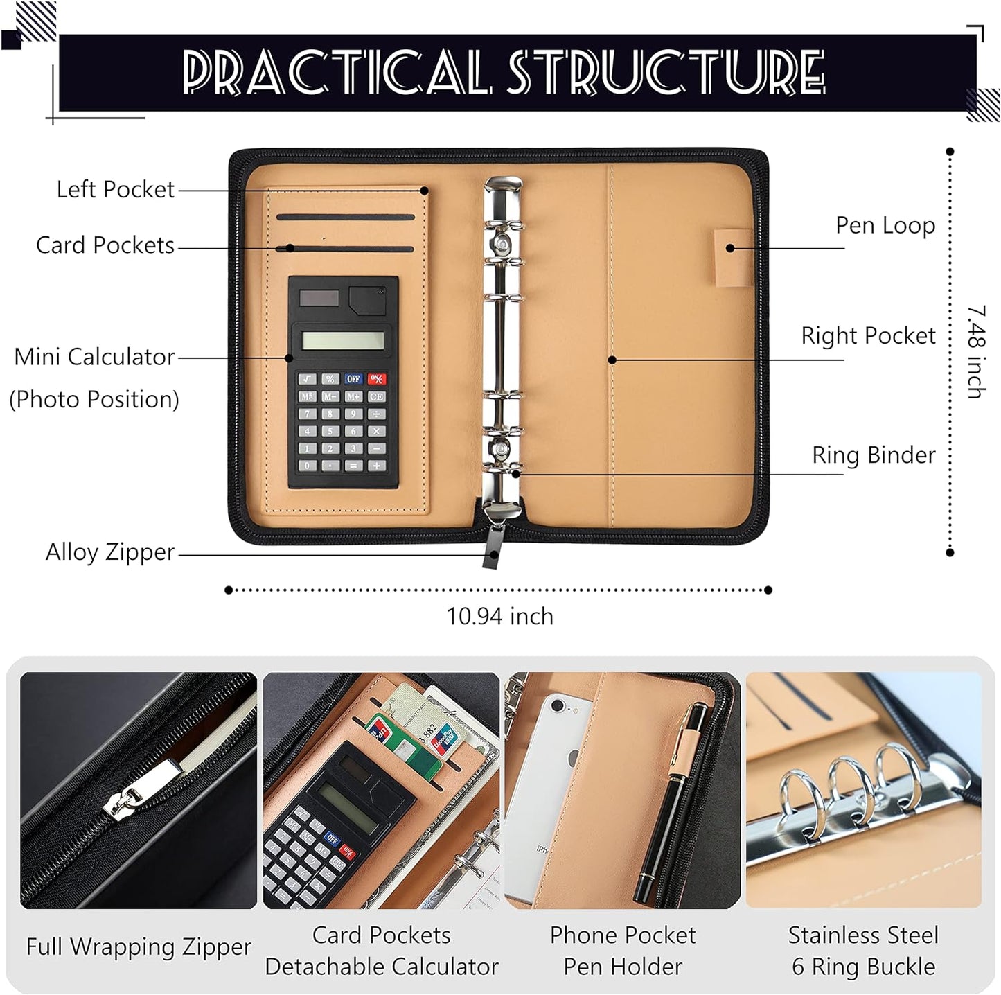 Budget Binder with Zipper Envelopes - A6 PU Leather Money Organizer